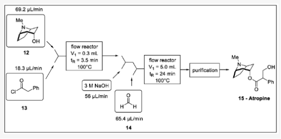 圖5 阿托品流程合成：12-托品、13-苯乙酰氯、14-甲醛、15-阿托品。