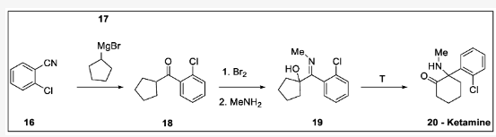  圖6. Parke–Davis and Company 1956年合成的氯胺酮：16-鄰氯苯甲腈、17-環(huán)戊基溴化鎂、18- (2-氯苯基)(環(huán)戊基)甲酮、19- (2-氯苯基)(甲基亞氨基)甲基環(huán)戊烷-1- ol, 20 —氯胺酮。