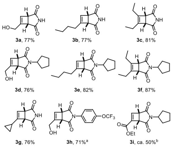 Figure 1 連續(xù)環(huán)丁烯合成的底物范圍；使用20mol%的噻噸酮； b 對二氧化硅不穩(wěn)定。