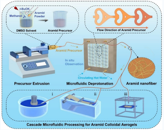 圖1. 芳綸納米纖維及其級(jí)聯(lián)微流控策略制備膠體氣凝膠示意圖