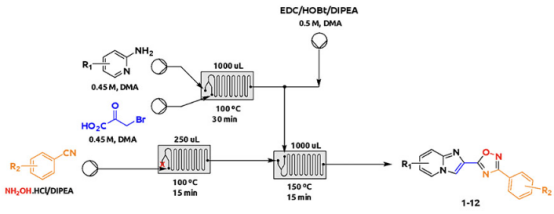 圖6.通過(guò)芳基腈和羧酸的連續(xù)微反應(yīng)器序列合成1,2,4-惡二唑