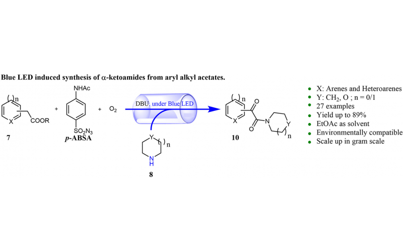 一鍋重氮裝置——光化學(xué)氧化（藍(lán)色 LED-O 2）芳基雜芳基乙酸酯與環(huán)狀 2°-胺的酰胺化：芳香族 α-酮酰胺的環(huán)保合成